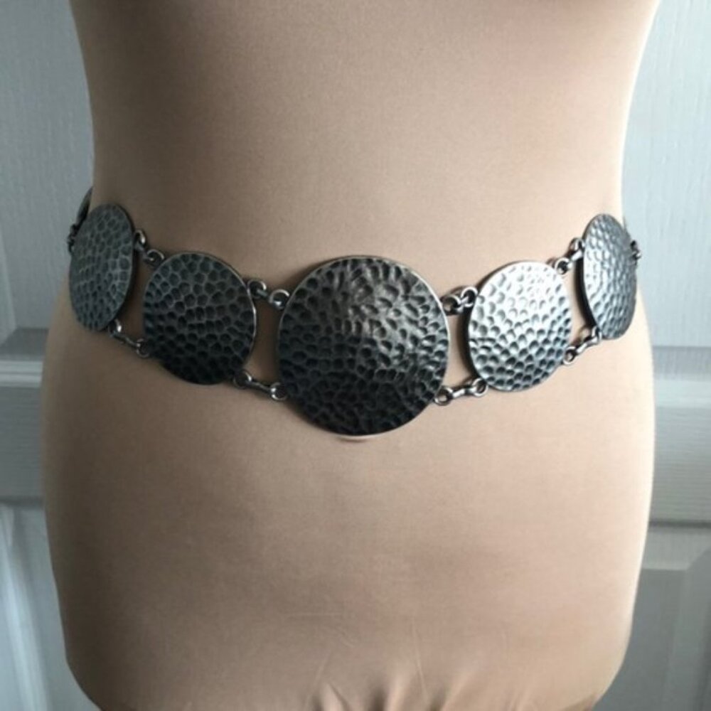 VTG Silver Tone Hammered Metal Medallion Belly Body Chain Link Belt